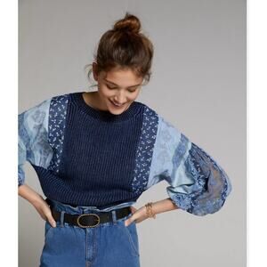 Pilcro Anthropologie Women’s Sweater Blouse Embroidered-Lace Blue 3/4 Sleeve XS